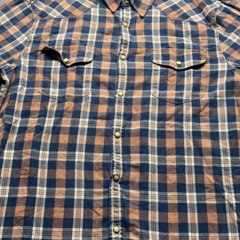 Lucky Brand Mens Western Pearl Snap Shirt Large Blue Orange Plaid Classic Fit
